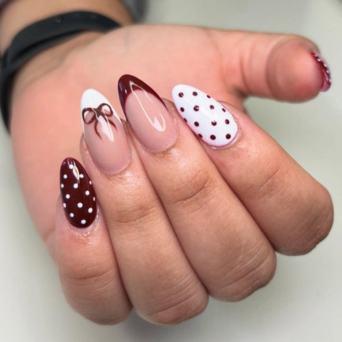 Artistic Press-On Nail Set with Bow and Dot Design Bowlift