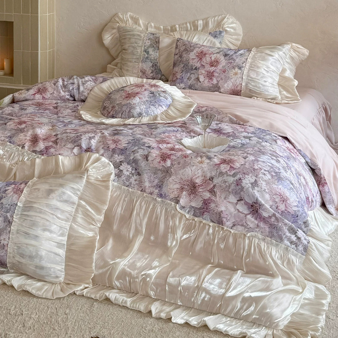 Floral Satin-Ruffled Duvet Cover & Decorative Sham Set