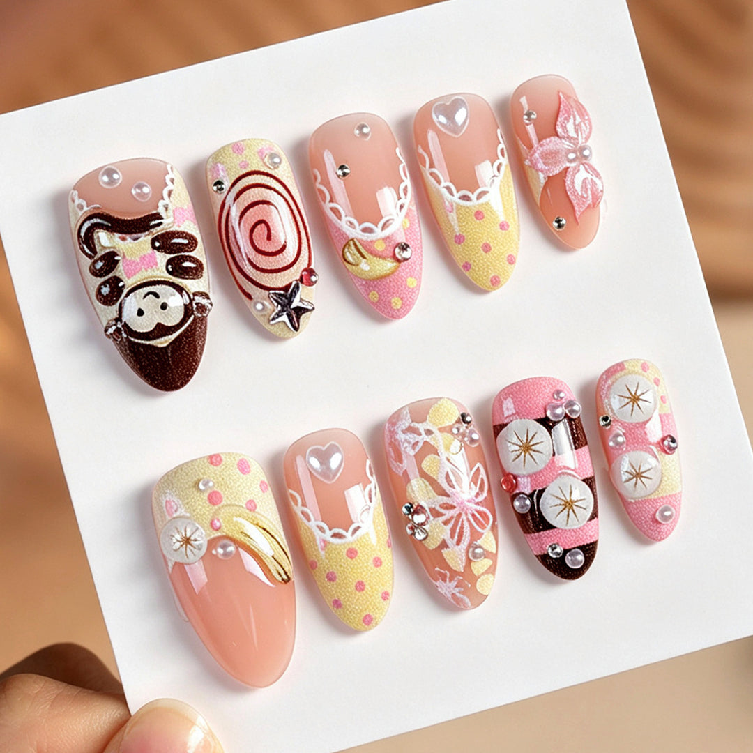 Artificial nail set with cute animal and dessert design Bowlift