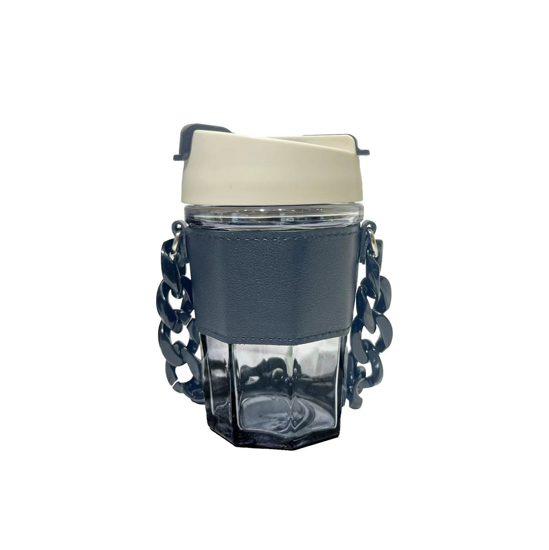 Ladies trendy glass cup with chain carrying strap Bowlift