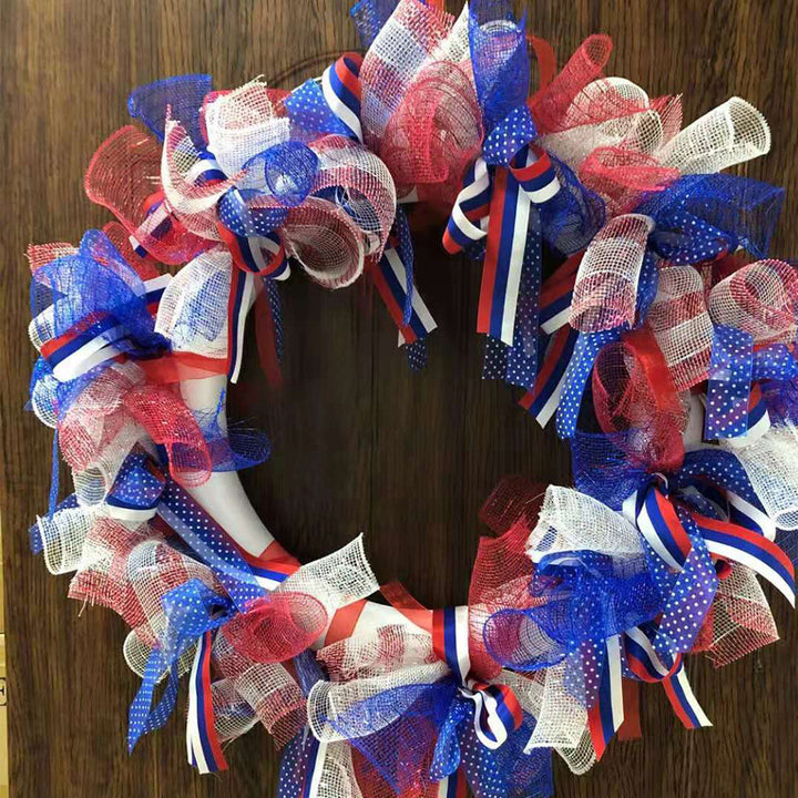 Unisex nan patriotic burlap starburst wreath with layered mesh petals and jute rosette center Bowlift