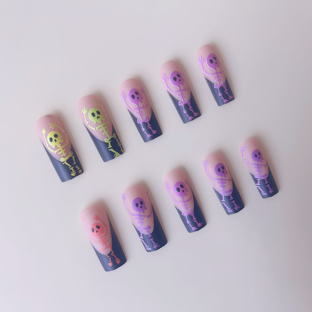 Creative Halloween Art Nail Set with Skeleton Hearts and Glowing Accents Bowlift
