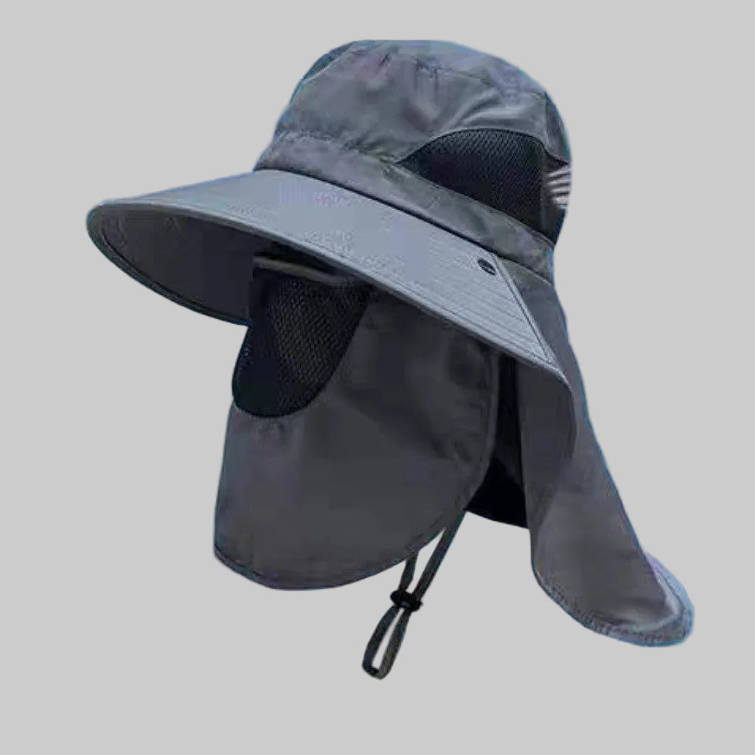 Non-ventilated sun hat with removable fan, neck protection, and adjustable chin strap Bowlift