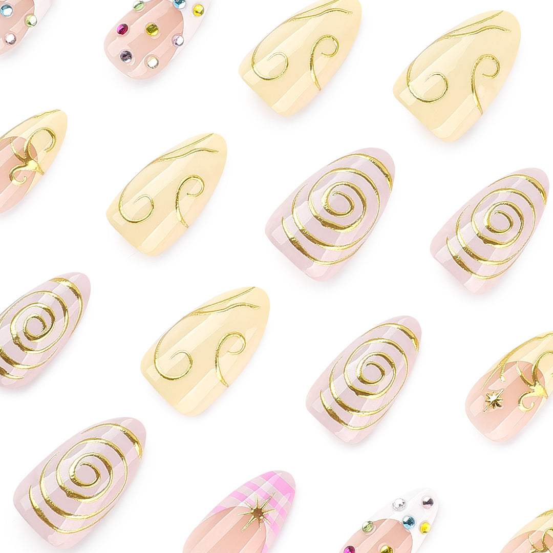 Artful Nail Art with Glitter and Spiral Design Bowlift