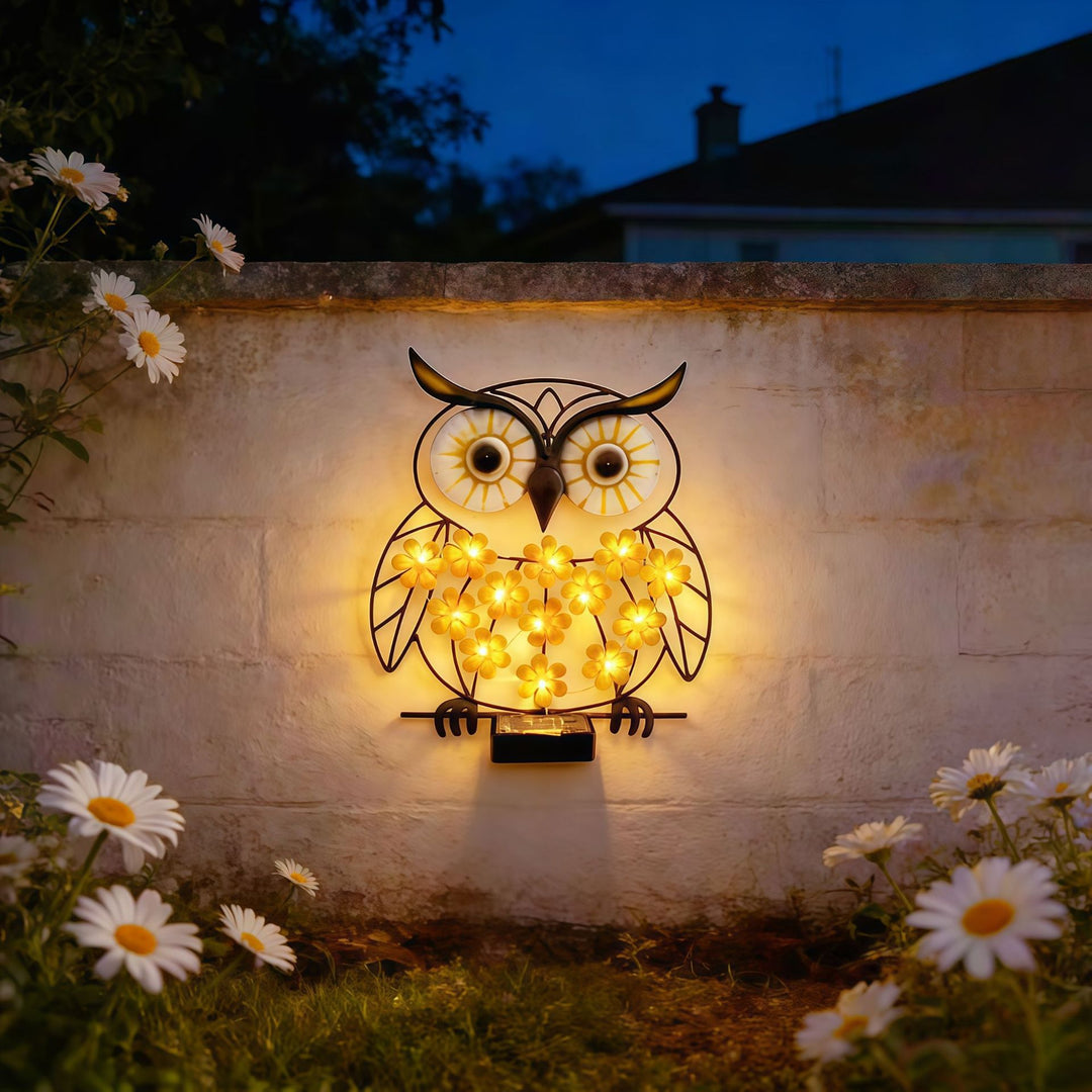 Metal Owl Wall Art With Solar Powered LED Floral Lights And Iron Frame Bowlift