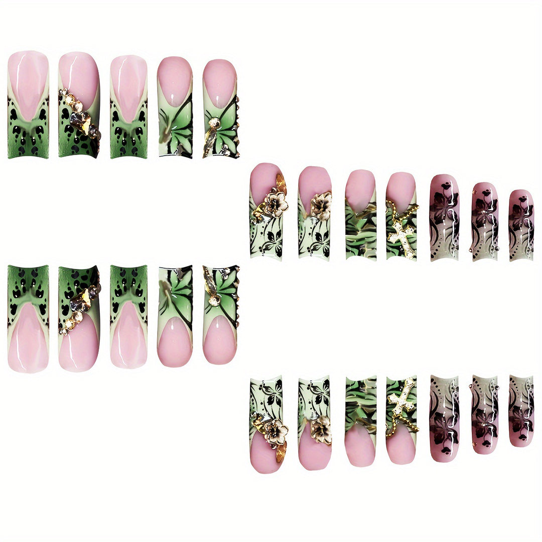 Decorative Floral Press-On Nails with Gem Accents Bowlift