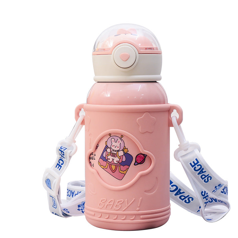Insulated drinking bottle with cute animal design and flexible carrying strap Bowlift