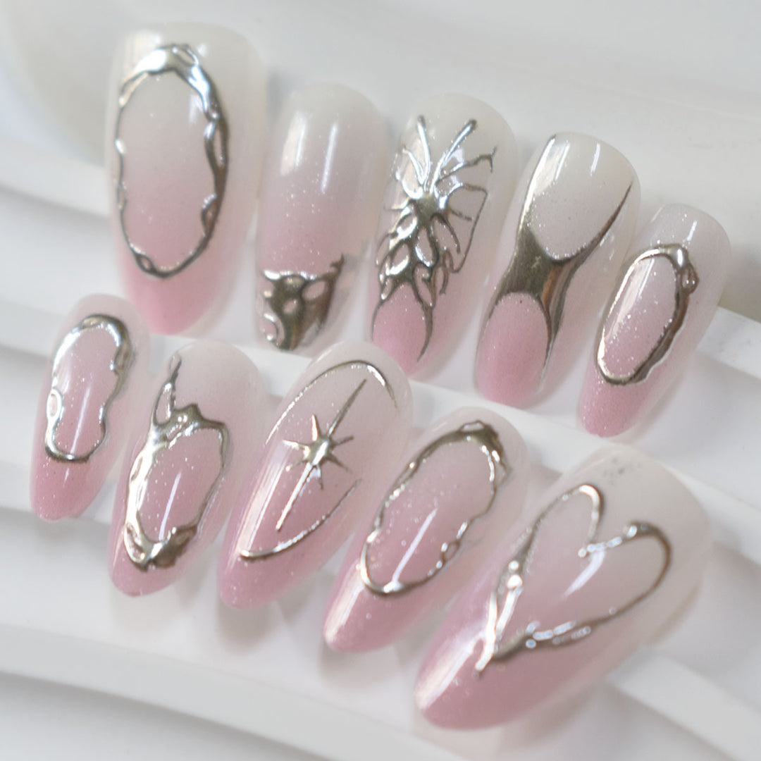 Elegant Artistic Stiletto Press-On Nails with Silver Accents Bowlift