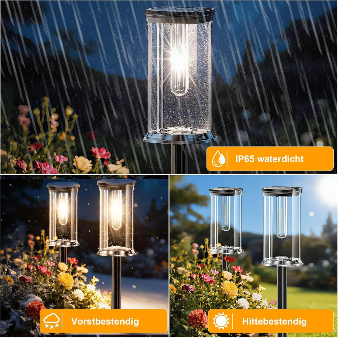 Solar stake lantern with integrated filament LED and weatherproof polycarbonate housing Bowlift