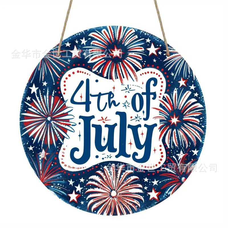 Independence Day rustic round wooden patriotic cross wall plaque with floral accents and God Bless America banner Bowlift