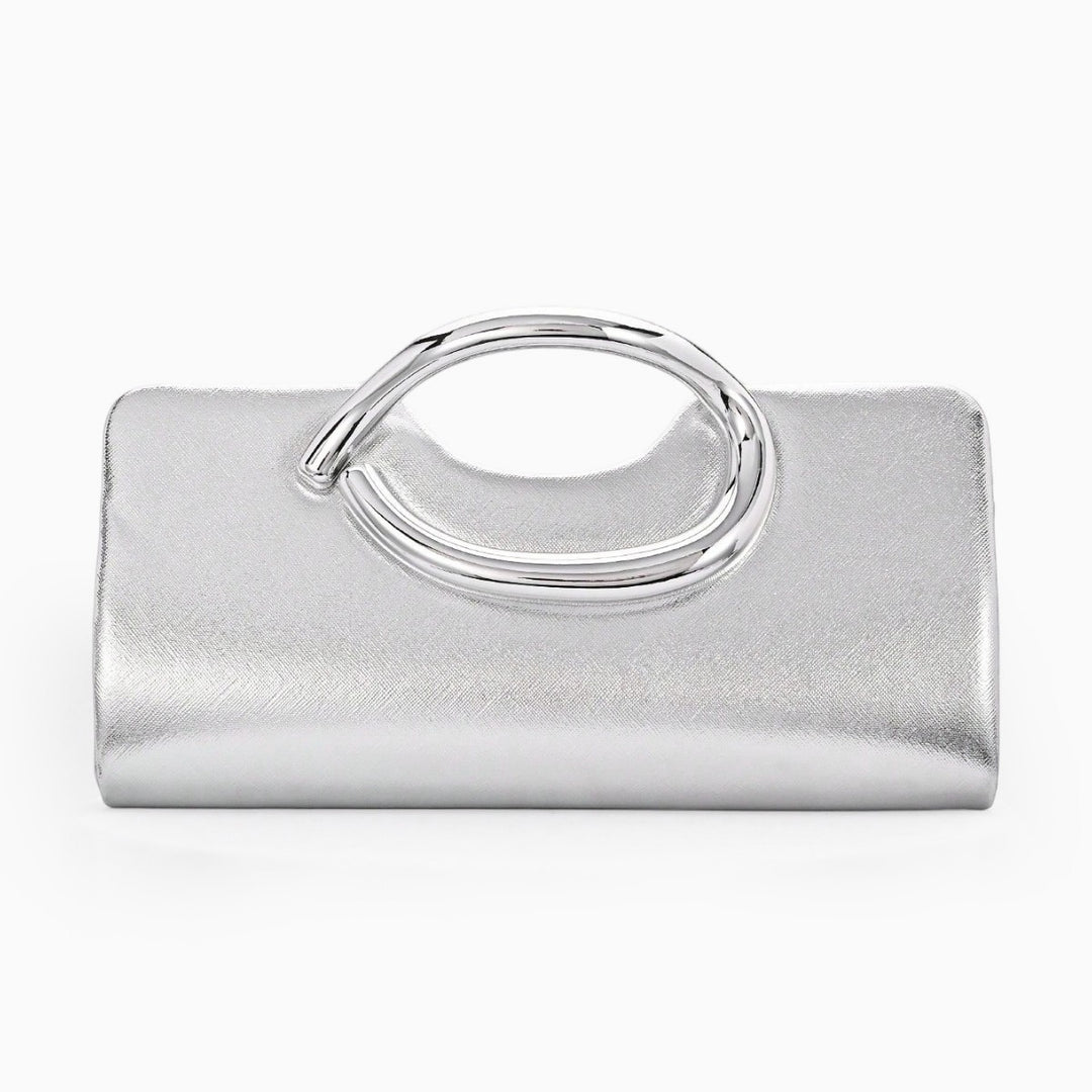 Structured Metallic Evening Clutch with Sculptural Polished Metal Handle Bowlift