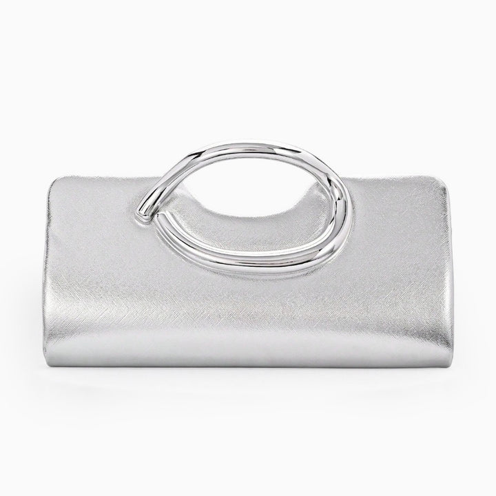 Structured Metallic Evening Clutch with Sculptural Polished Metal Handle Bowlift