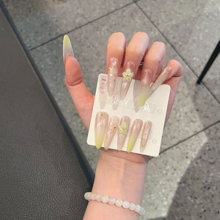 Elegant Long Stiletto Press-On Nail Art Set with Floral Accents Bowlift