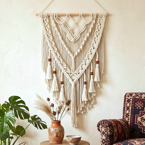 Hand-woven macrame wall hanging with decorative tassels