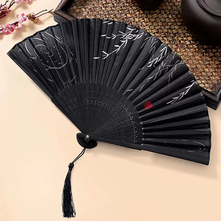 Women One Size Handcrafted Bamboo Pleated Fan with Hand-Painted Calligraphic Willow Design and Decorative Tassel Bowlift