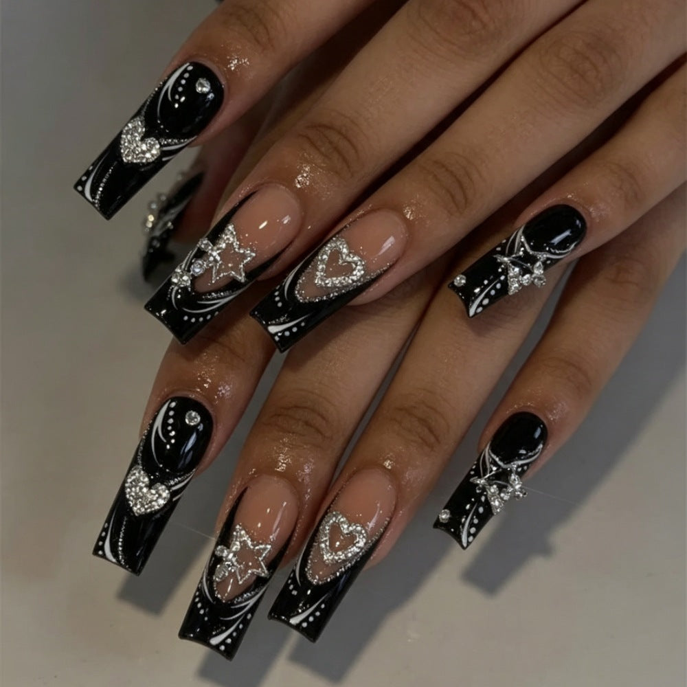 Artistic Press-On Nails with Heart and Gem Accents Bowlift