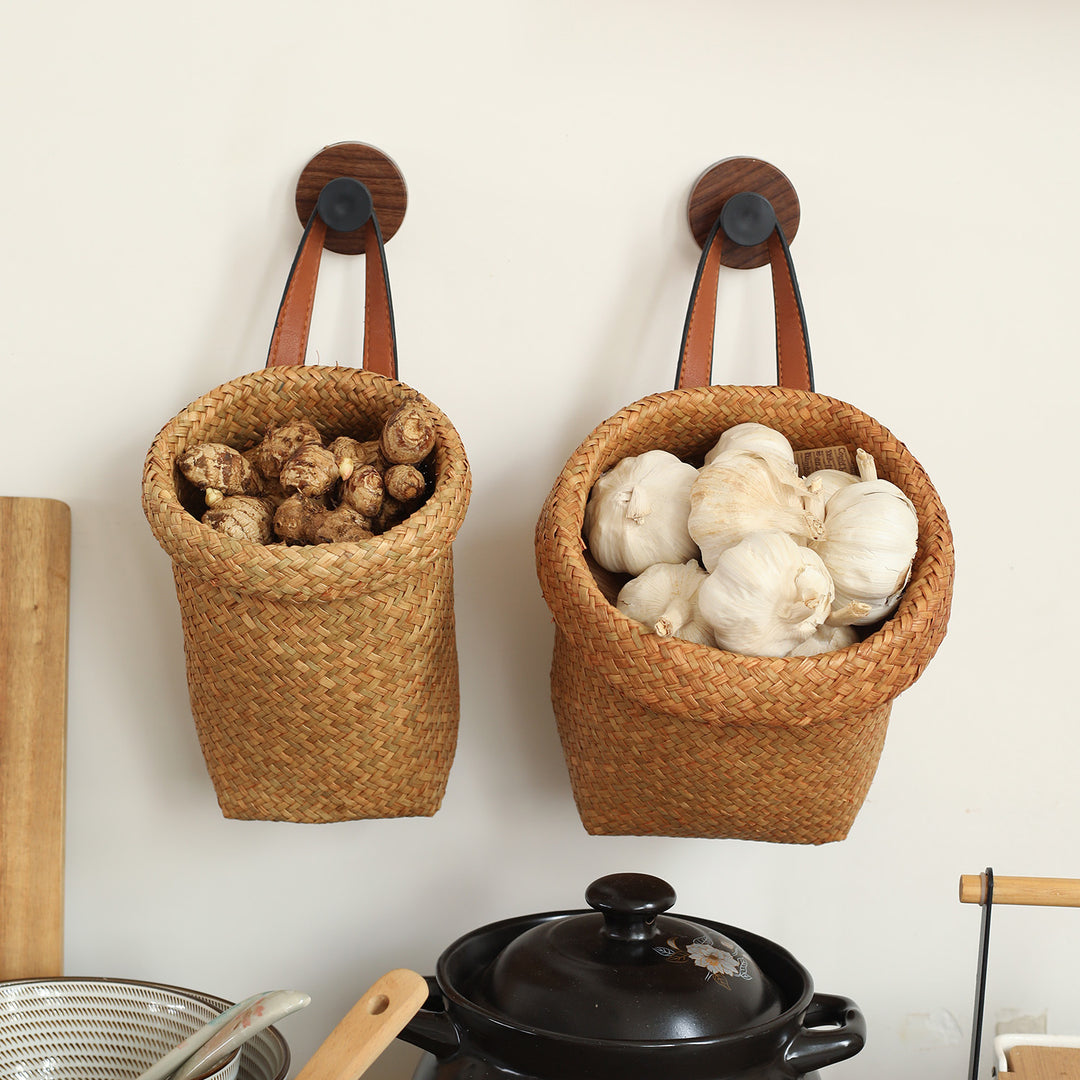 Handwoven Natural Storage Bin with Leather Trim Bowlift