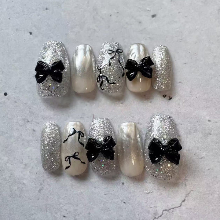 Glittery Bow-Accent Press-On Nail Set Bowlift