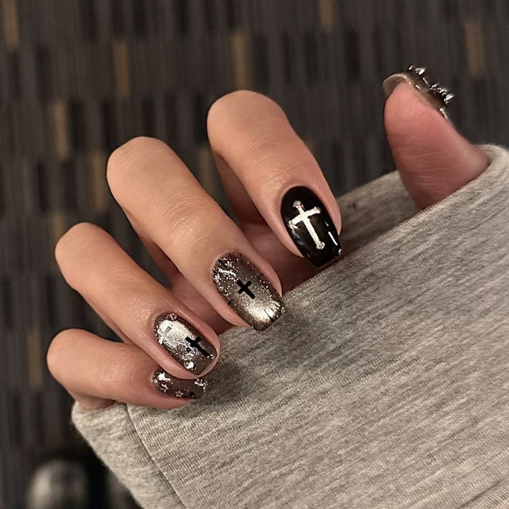 Artistic Press-On Nails with Cross Designs Bowlift