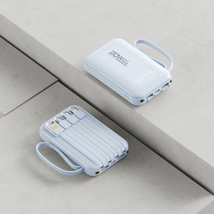 Portable power bank with integrated cable system and LED display Bowlift