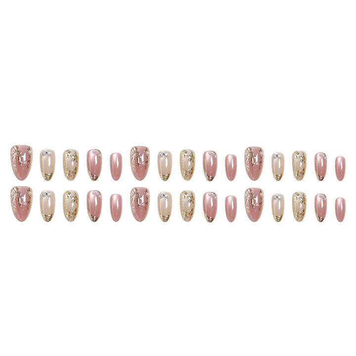 Artificial Nail Set with Elegant Gold Accent and Rhinestone Decorations Bowlift
