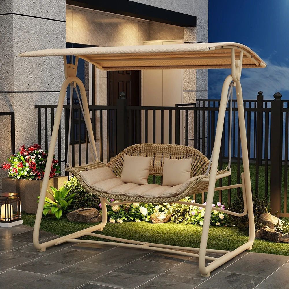 Woven rattan outdoor swing loveseat with padded cushions and powder-coated steel frame Bowlift