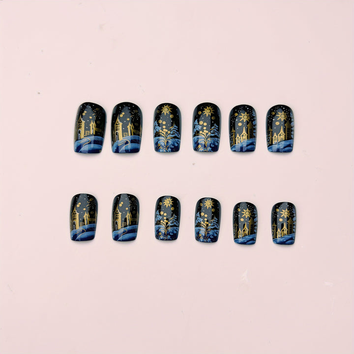 Artificial nails with festive winter landscape design Bowlift