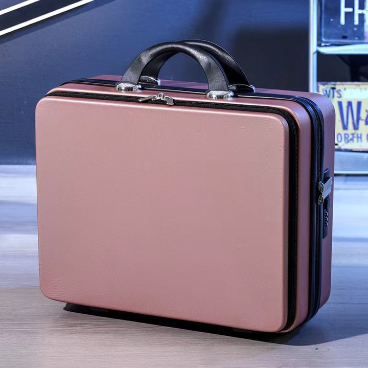 compact hard-shell travel vanity makeup case with TSA combination lock and dual-zip compartments Bowlift