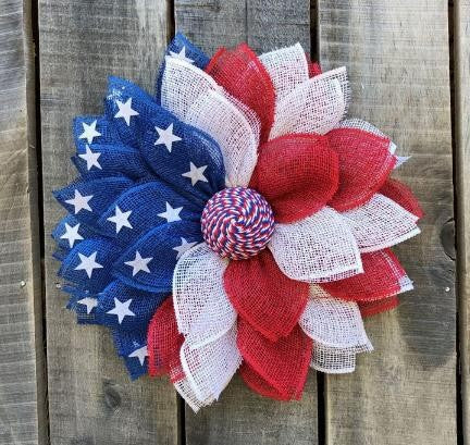 Unisex nan patriotic burlap starburst wreath with layered mesh petals and jute rosette center Bowlift