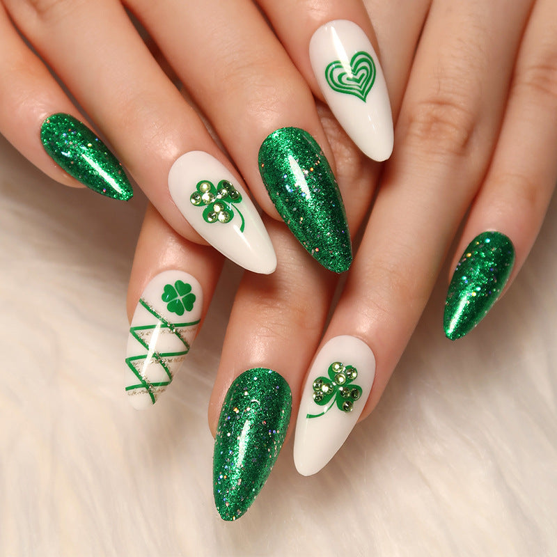 Artistic Stiletto Nails with Glitter and Clover Leaf Designs Bowlift