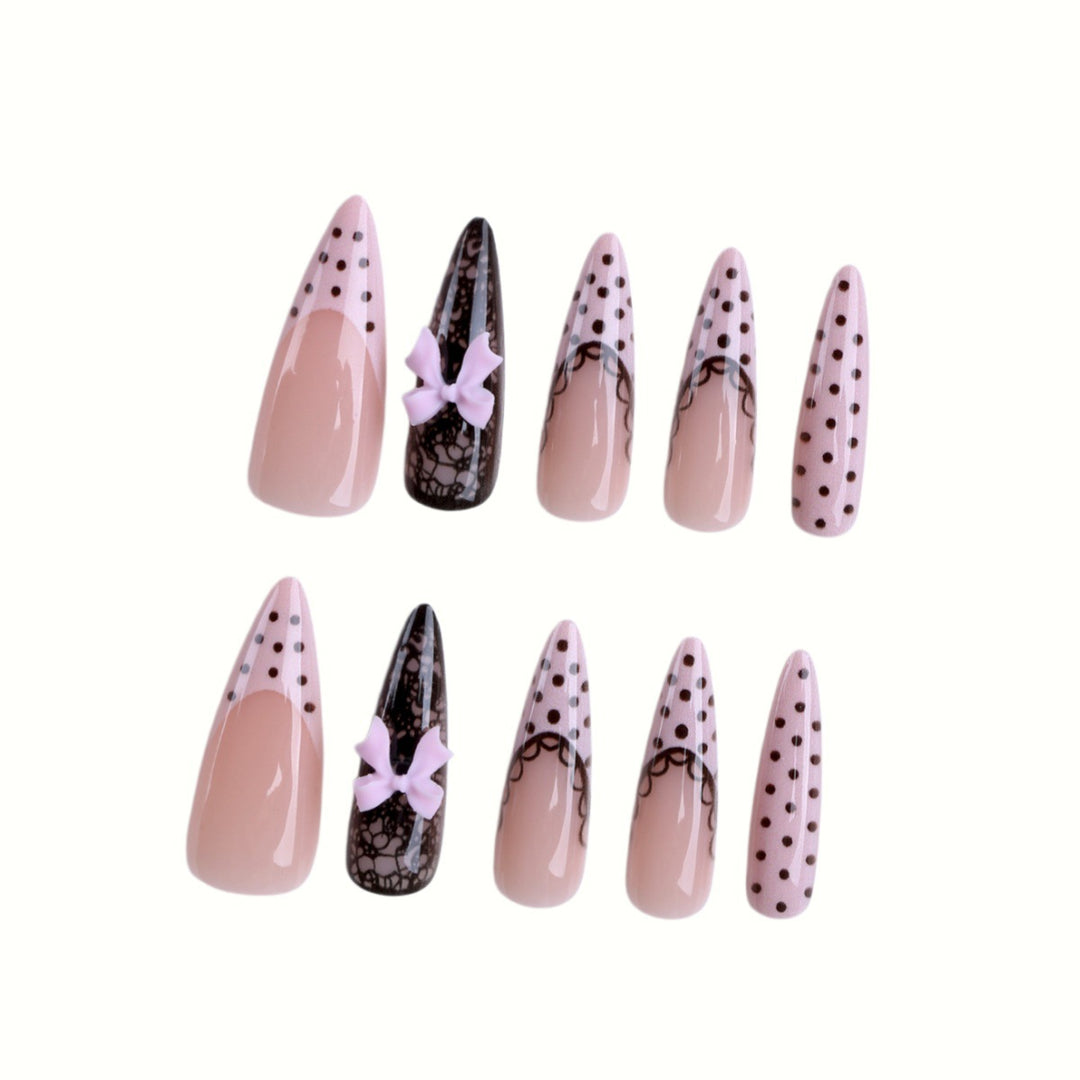 Elegant Stiletto Press-On Nail Set with Lace and Bow Design Bowlift