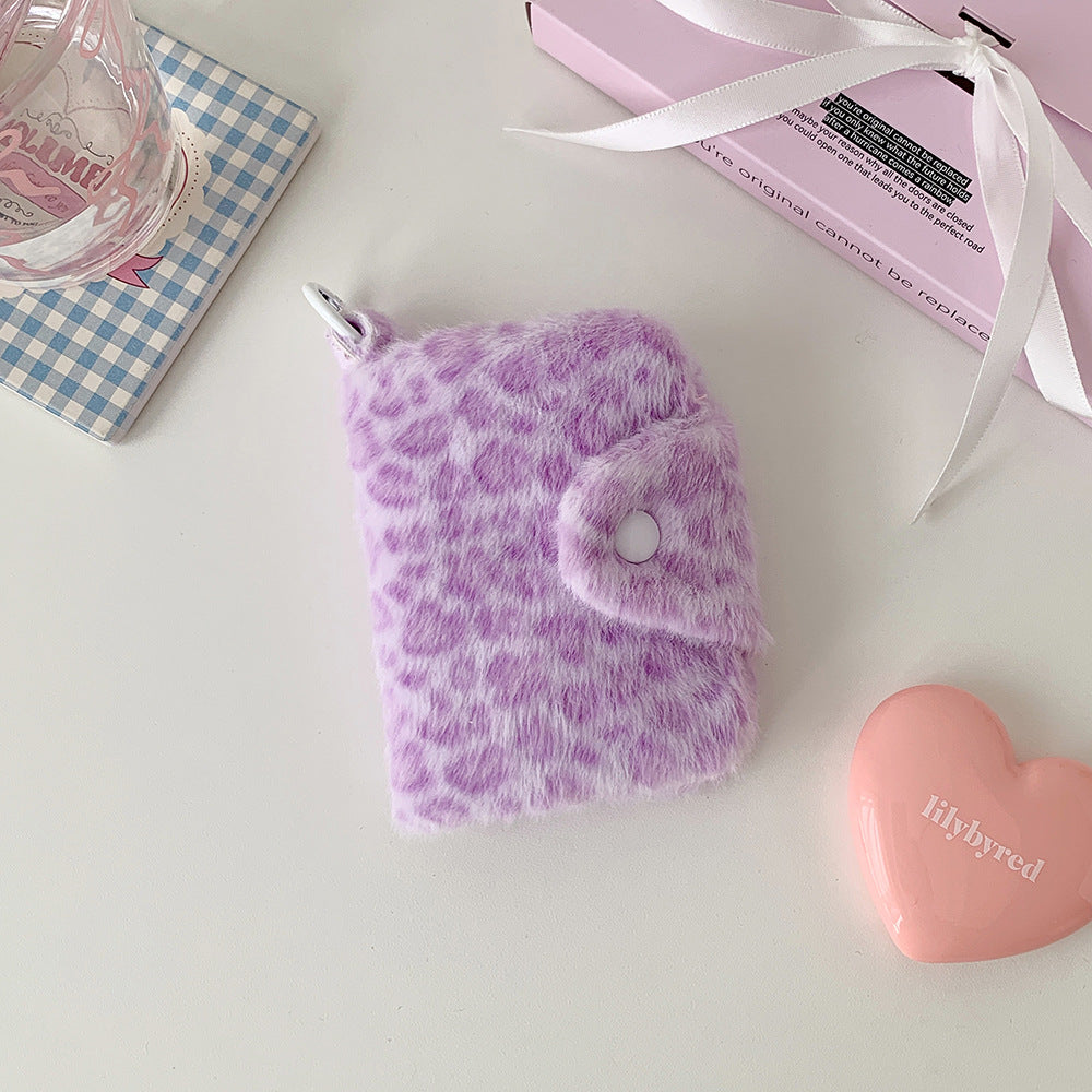 Faux Fur Leopard-Print Snap Keyring Card Wallet Bowlift