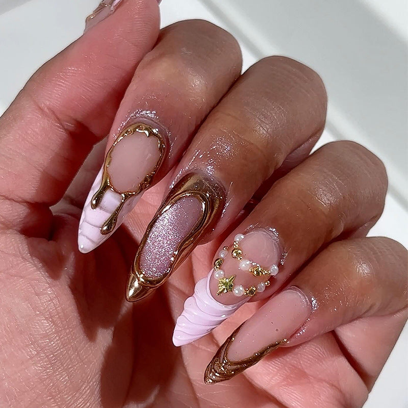 Luxury Press-On Nail Set with Gold Accents Bowlift