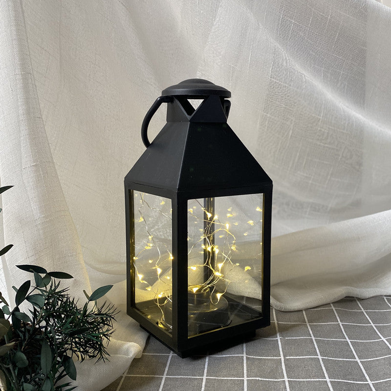 Decorative Metal and Glass Lantern with Warm LED Fairy String Lights Bowlift
