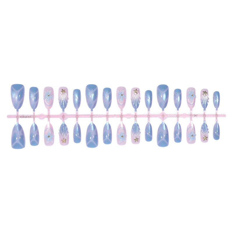 Artistic Press-On Nail Set with Iridescent Shell Accents Bowlift