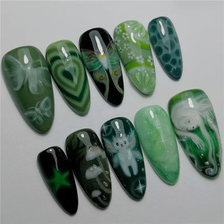Artistic Green-Themed Acrylic Nail Enhancements Bowlift