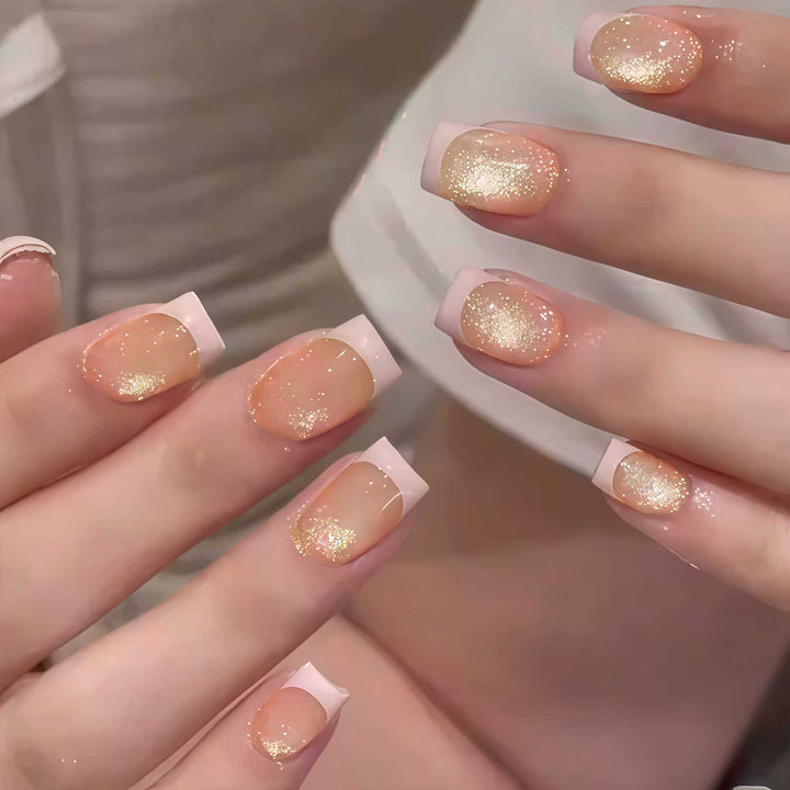Elegant Glitter French Tip Press-On Nails Bowlift