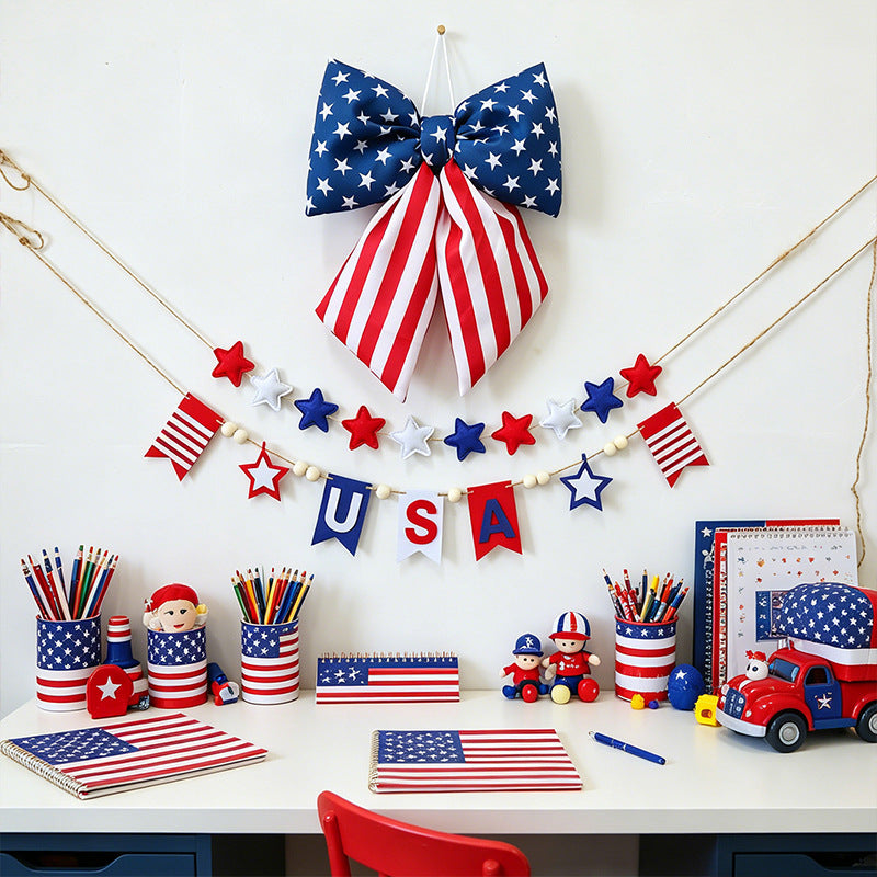 Women with large bow hair clip featuring patriotic star stripe motif Bowlift