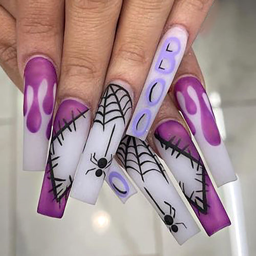 Halloween-Themed Long Press-On Nails with Spider and Drip Design Bowlift
