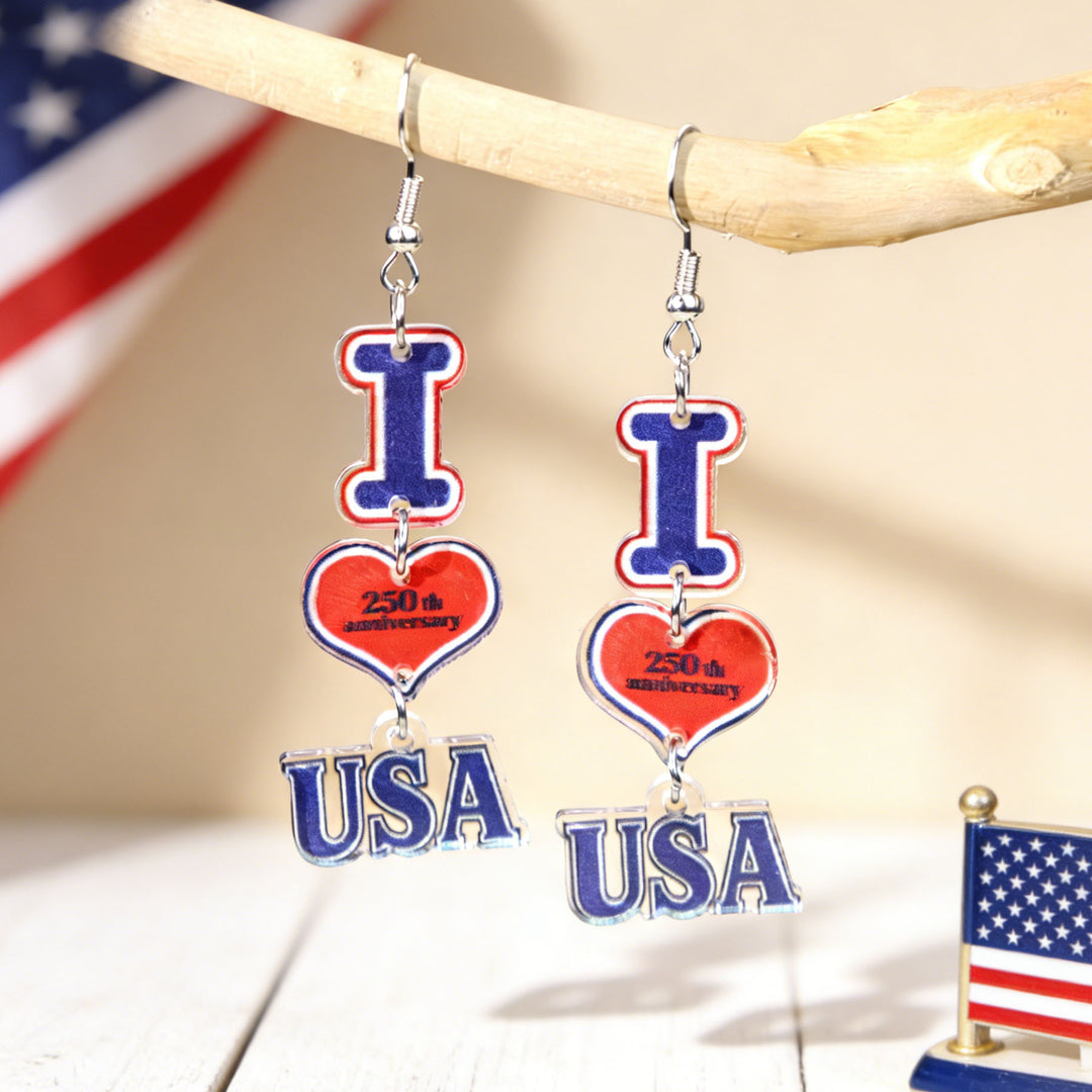 Women's acrylic statement earrings long pendant bow motif with patriotic print Bowlift