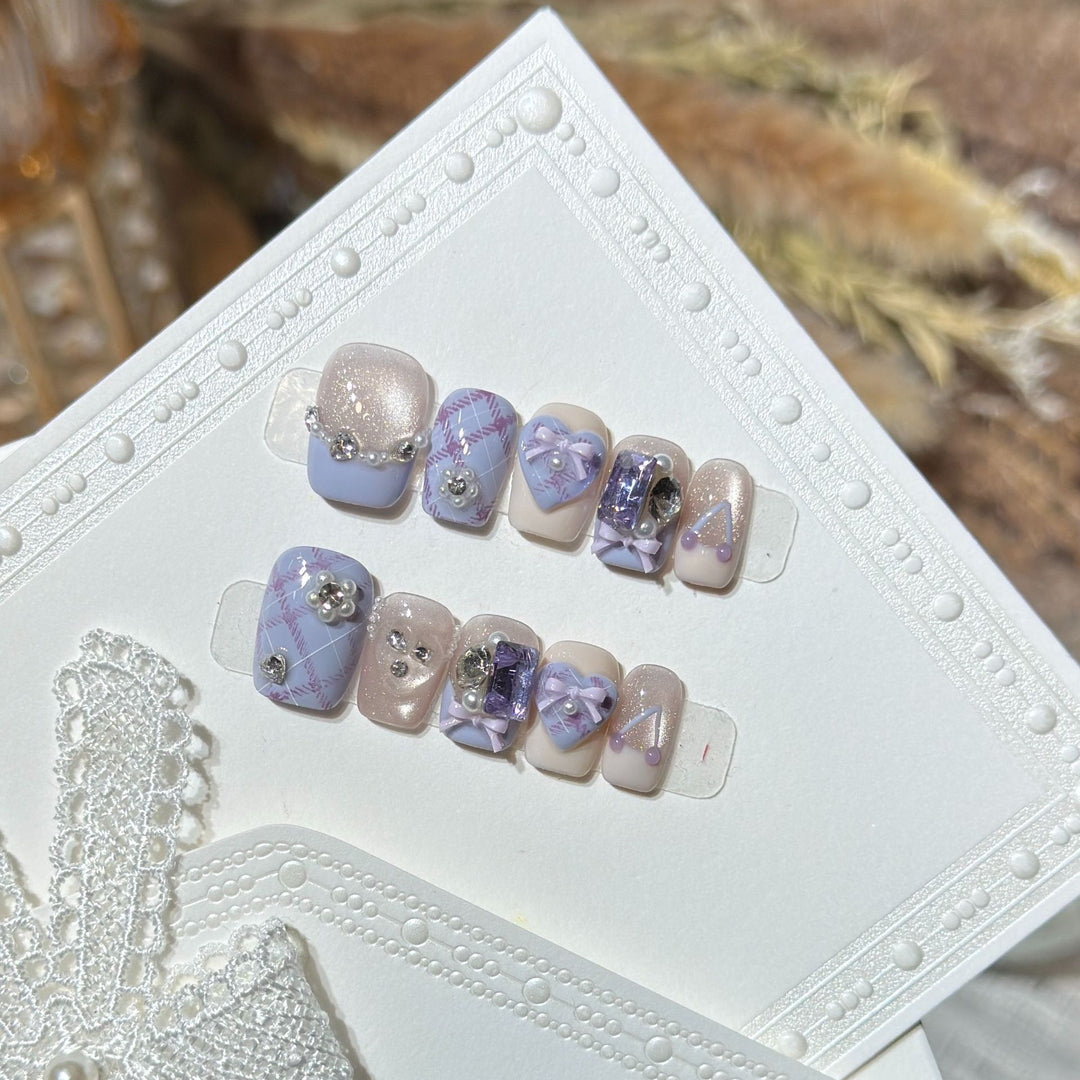 Decorative Luxury Press-On Nail Set with Elegant Bow and Gemstone Accents Bowlift
