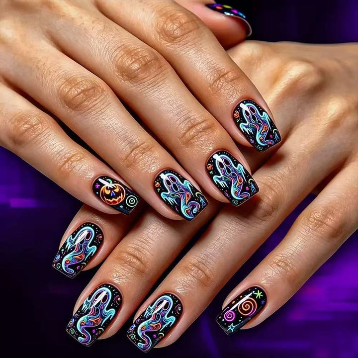 Creative nail art set with colorful Halloween designs and glitter effects Bowlift