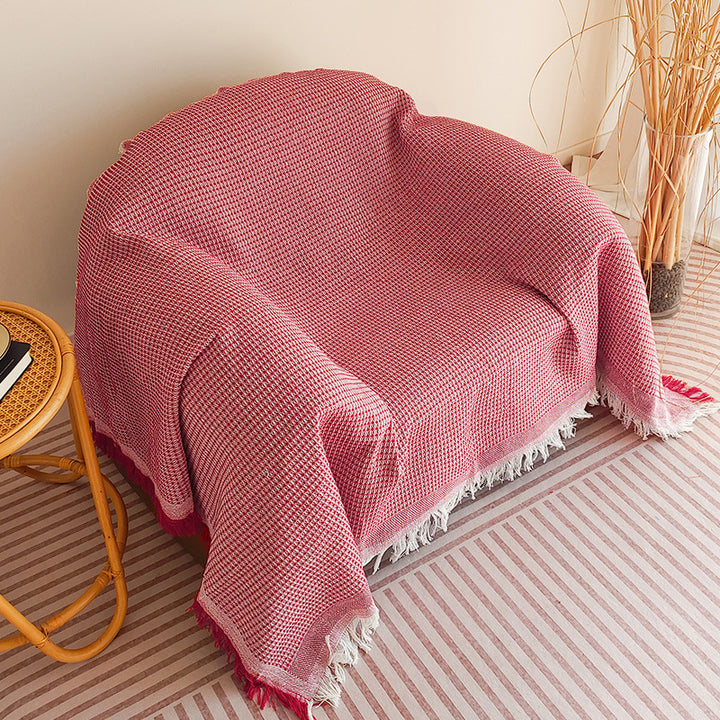 Waffle-Weave Fringed Throw Blanket Bowlift