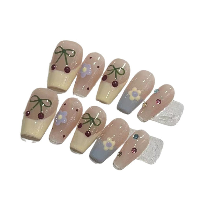 Charming Decorative Press-On Nail Set with Cherry and Floral Designs Bowlift