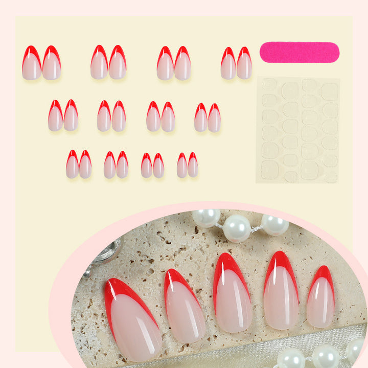 Decorative Press-On Nail Art Set with Elegant Red and White Design Bowlift