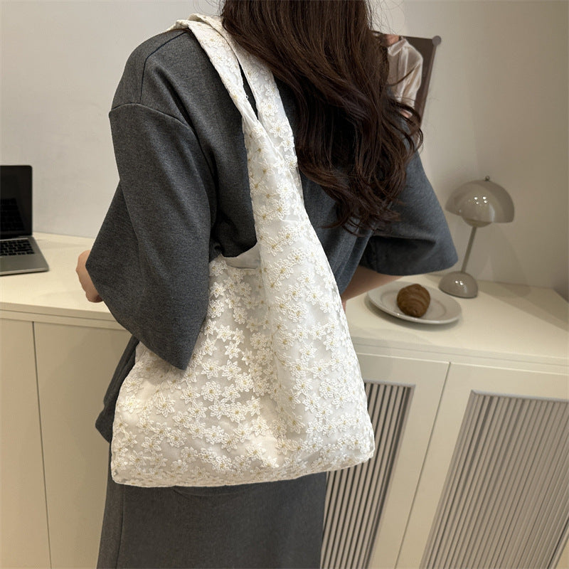 Elegant Floral Embroidered Grocery Tote Bag Bowlift