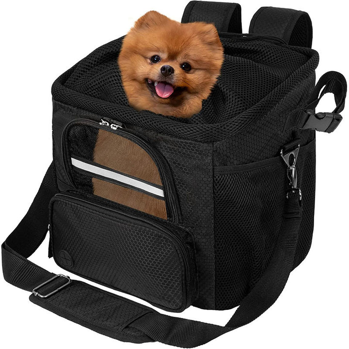 rectangular insulated pet travel tote with drawstring mesh canopy front-access pocket and adjustable padded shoulder strap Bowlift