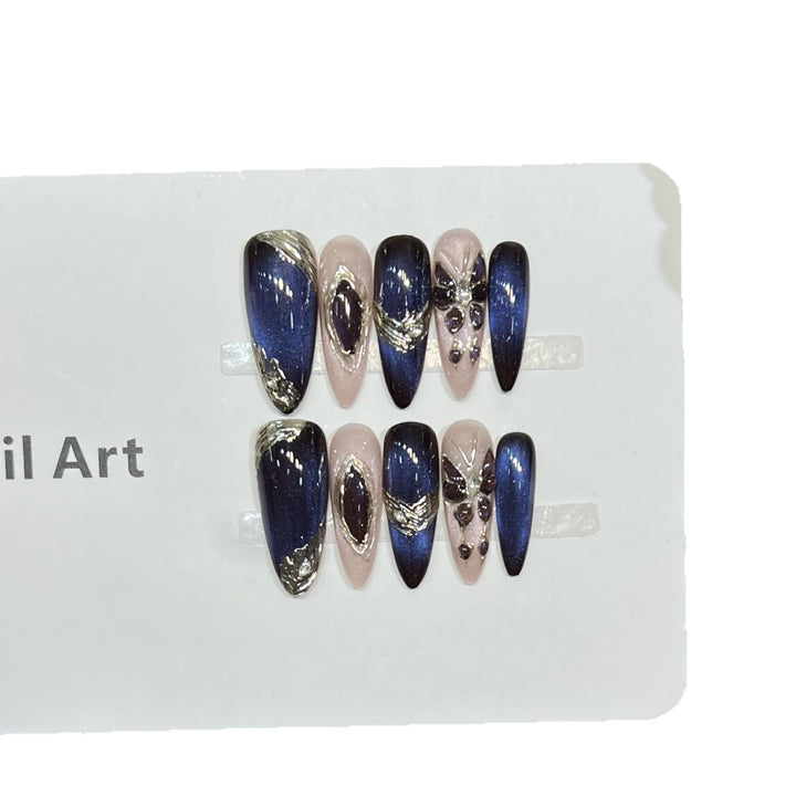 Elegant Stiletto Press-On Nail Art Set with Gemstone Accents Bowlift