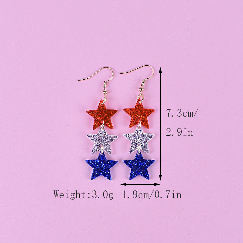 Women's long star pendant earrings made of glitter resin with three-tier chain suspension and fishhook bowlift