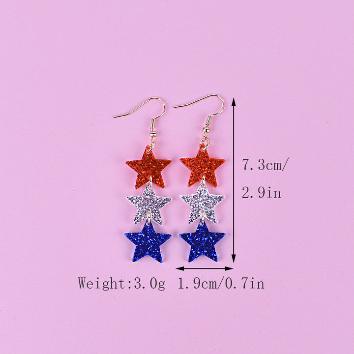 Women's long star pendant earrings made of glitter resin with three-tier chain suspension and fishhook bowlift